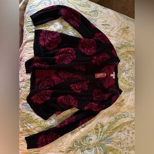 Arizona Jean Company Black Cardigan with Dark Pink Rose Pattern